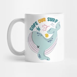 Safe our Surf quote with cute sea animal whale, starfish, coral and shell Mug